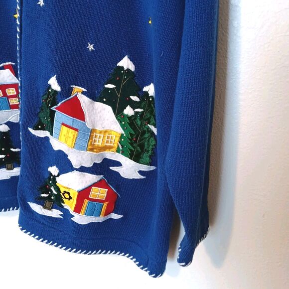 Vintage 90s Quacker Factory Christmas Village Cardigan Sweater Blue Size L - Picture 7 of 13